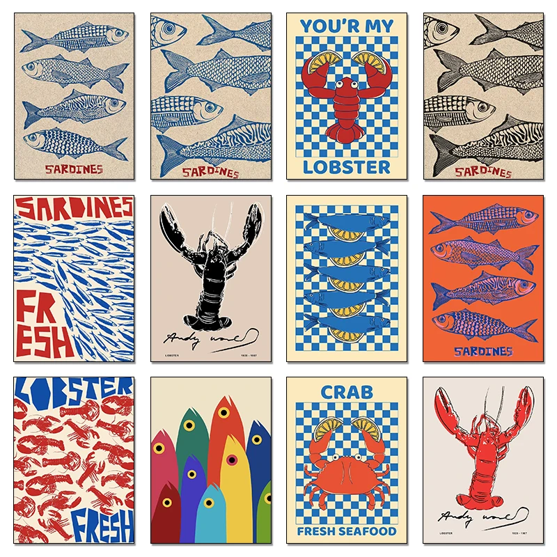 Resin Art Painting - Affiche colorée avec animaux marins (sardines,