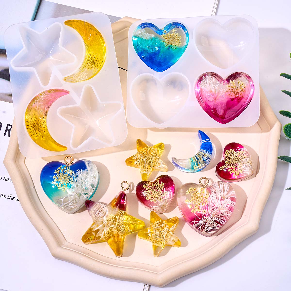 Resin Art Kit With Molds - Moule en silicone Cœur Étoile Lune